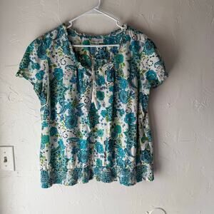 Fashion Bug Size XL Cotton Blue Green Floral Short Sleeve Blouse